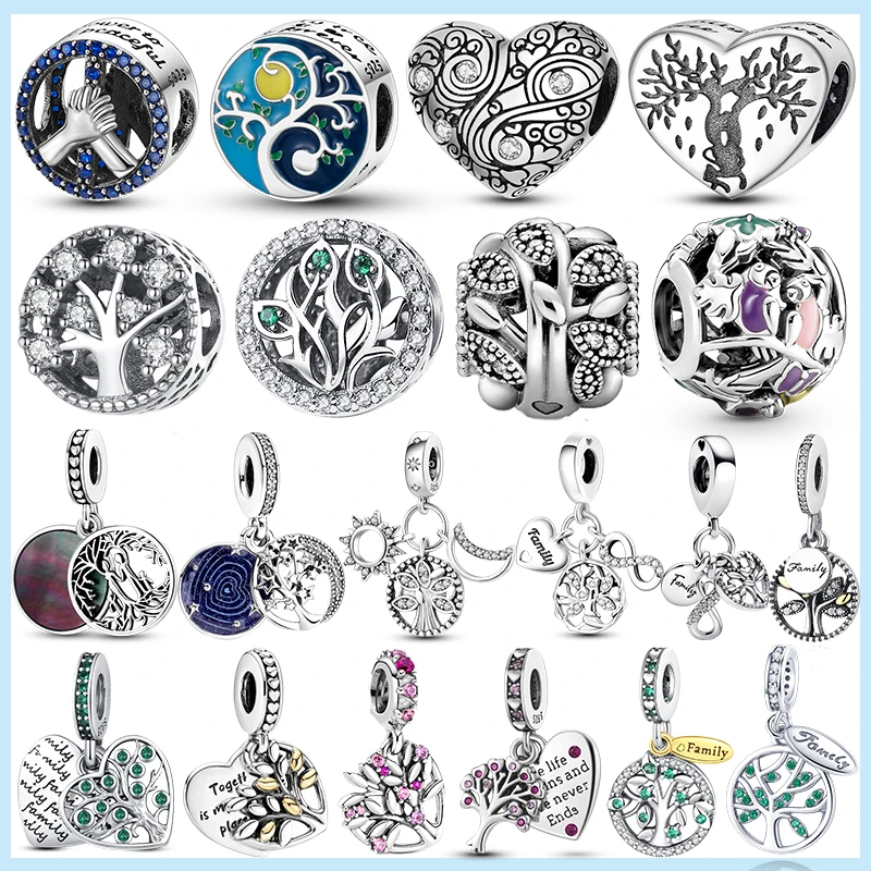 925 Sterling Silver Tree Of Life Feather Charm Heart Zircon Color Bead For Pandar Original Bracelet Pendant Jewelry Gift