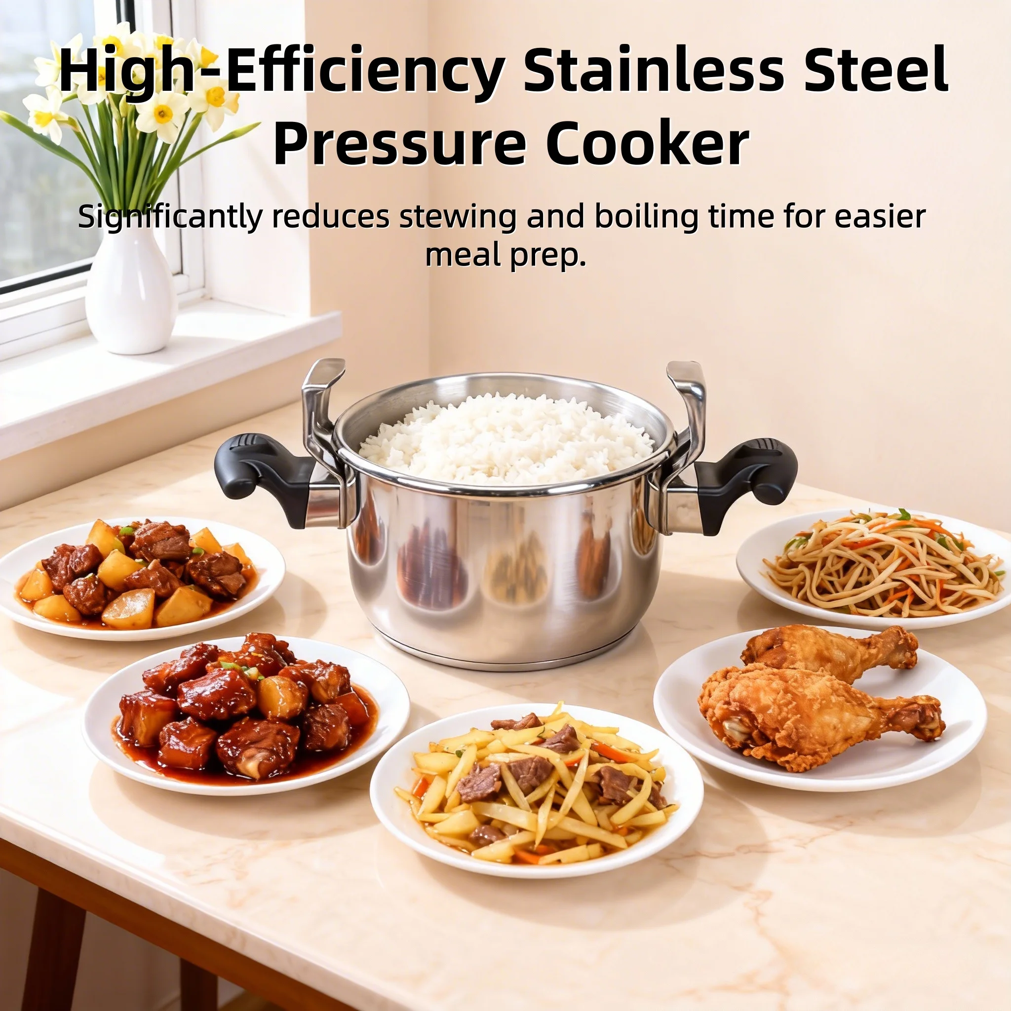 

Large capacity stainless steel pressure cooker, compatible with stoves, used for safe cooking, canning, and stewing