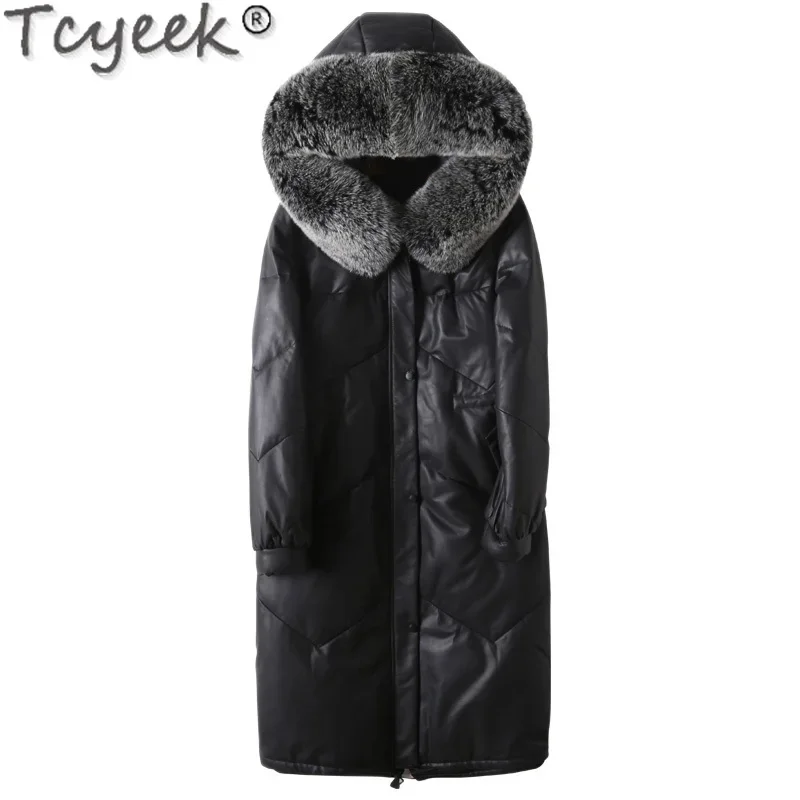 Tcyeek giacca in vera pelle di pecora donna 2023 inverno medio-lungo piumino d'anatra bianco abbigliamento donna collo in pelliccia di volpe naturale