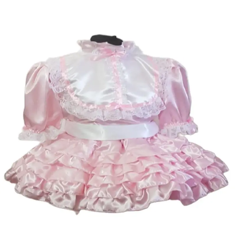 Pink Maid Girl Adult Sissy Lockable Satin Lace Stitching Mid Neck Lace Short Sleeve Cute Skirt Cosplay Costume Customization