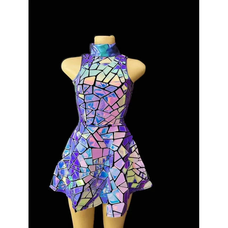 

Silver Mirror Nightclub Dress Women Evening Birthday Outfit Sleeveless Shiny Laser PU Bar Dj Gogo Dancer Singer Stage Costumes