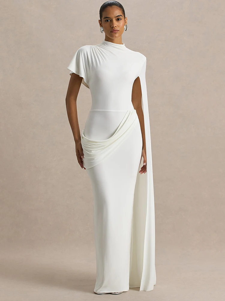 

Sibybo Irregular Short Sleeve Bodycon Maxi Dress Women Elegant Solid O Neck Draped Ruched Package Hip Dresses Sexy Party Robes