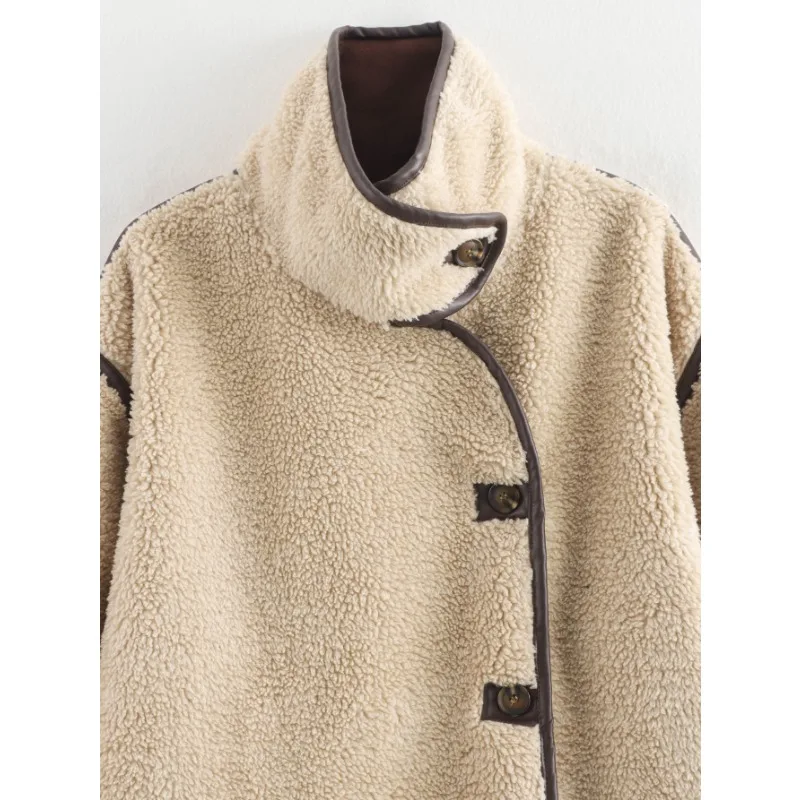 Outono inverno casaco de lã retalhos jaqueta quente feminina jaqueta de pele sintética de manga comprida topo fofo solto único breasted na moda