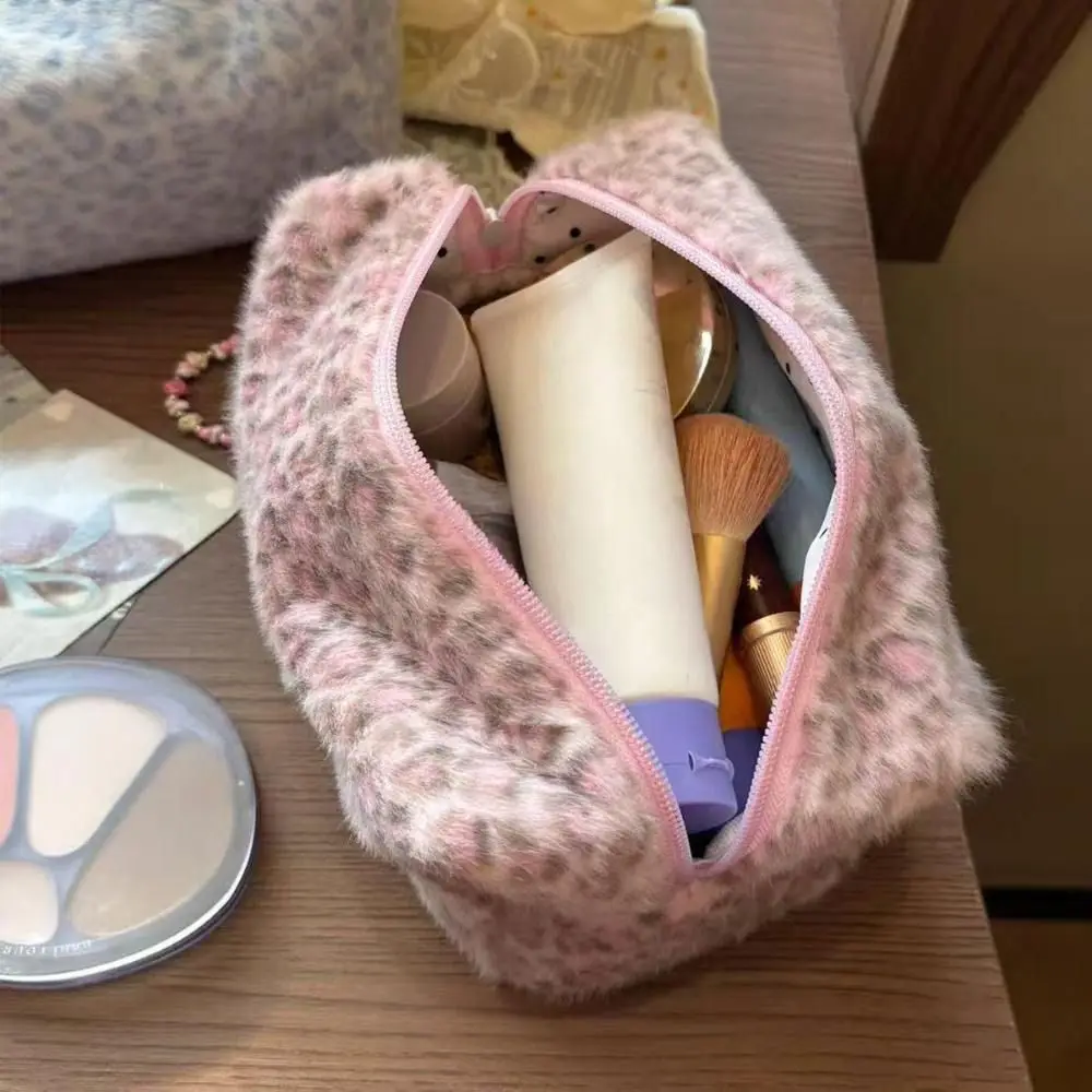 Durable Fuzzy Makeup Bag Leopard Print Portable Cosmetic Bag Large Capacity Travel Storage Pouch Girls
