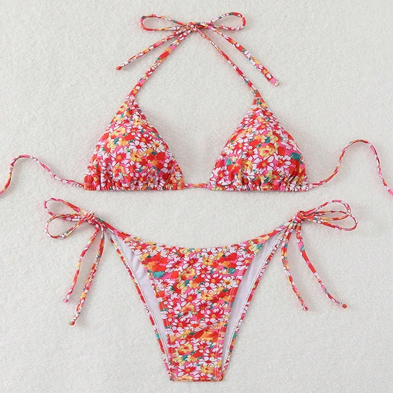 Sexy Floral Print Bikinis Sets Two Pieces String Tie Halter Thong Swimsuit Swimwear Bathing Suit Beach Outfits Biquini Tankini