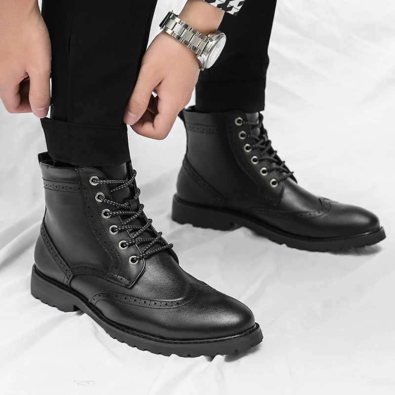 men's casual business office formal dresses cow leather boots carved brogues shoes bullock bottine ankle botas masculinas sapato