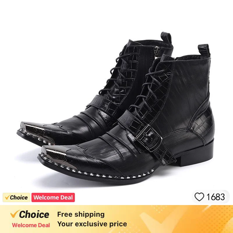 Color Leather Ankle Men's Boots Western Cowboy Boots Men Pointed Metal Toe Lace-up  Motorcycle/Biking Boots