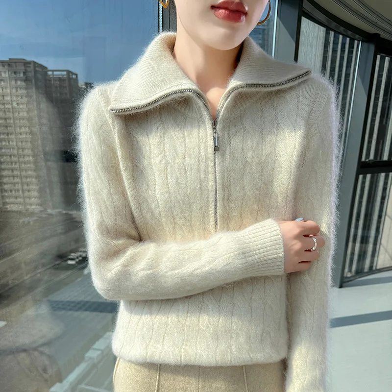 المرأة الخريف الشتاء سترة سميكة 100% المنك النقي الكشمير شبه البريدي التلبيب البلوز عادية فضفاض المقلية العجين التقلبات