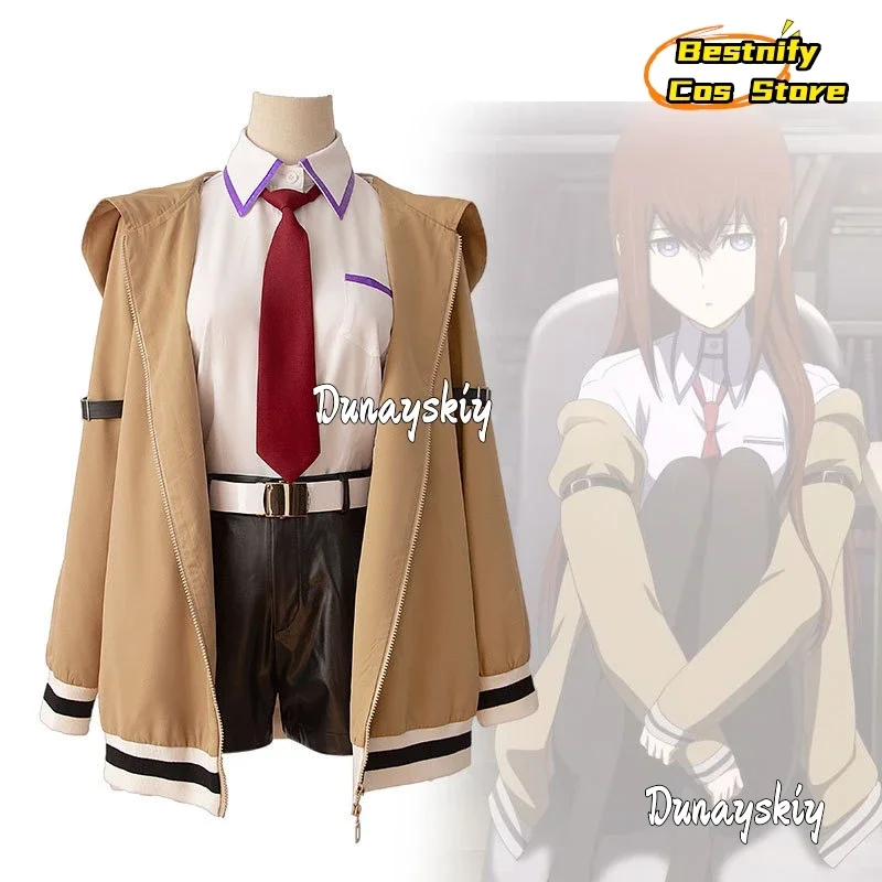 زي تنكري أنيمي ستينز بوابة Makise Kurisu زي تنكري كاكي سترة واقية سترة قميص شورت شعر مستعار امرأة لعب الأدوار