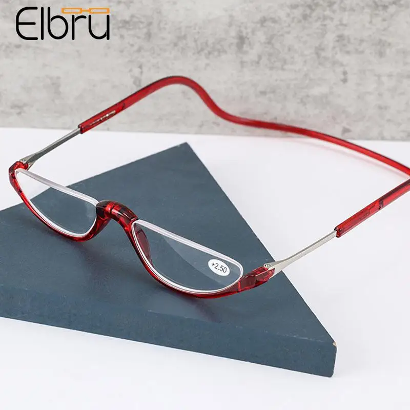 Elbru Ultralight Hanging Stretch Reading Glasses Men Women Half Frame Magnetic Presbyopic eyeglasses Unisex Diopter +1+1.5 to+3