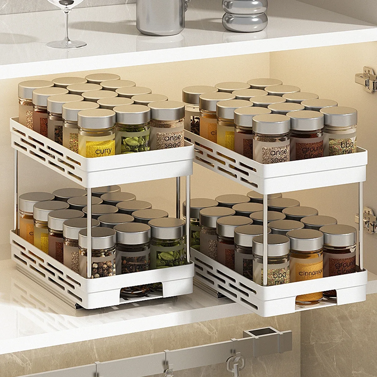 WORTHBUY 2 Tier Seasoning Bottle Sliding Storage Rack Cabinet Multipurpose Drawer Organizer Shelf Plastic Kitchenware Spice Rack