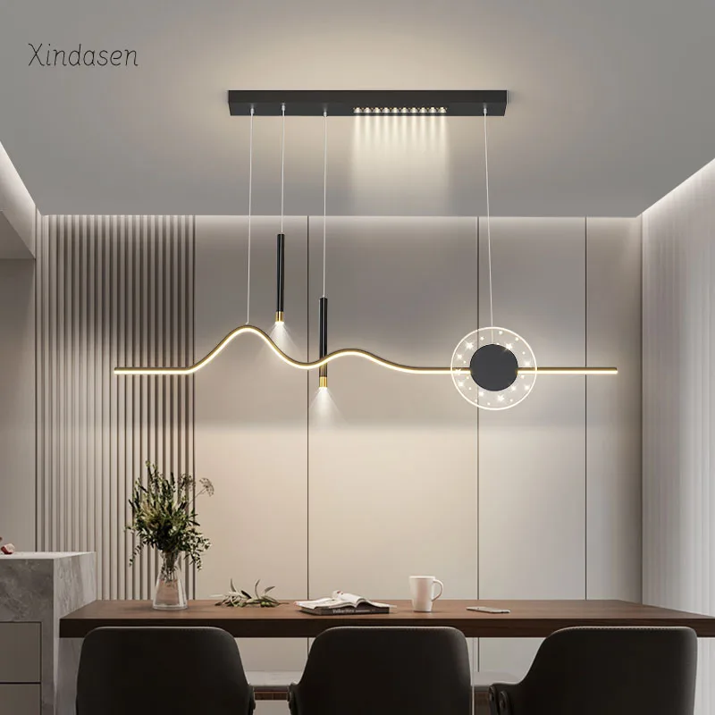 

Dining Room Chandelier With Spotlight Modern Nordic Black Led Pendant Lights Kitchen Table Bar Long Strip Suspension Luminaire