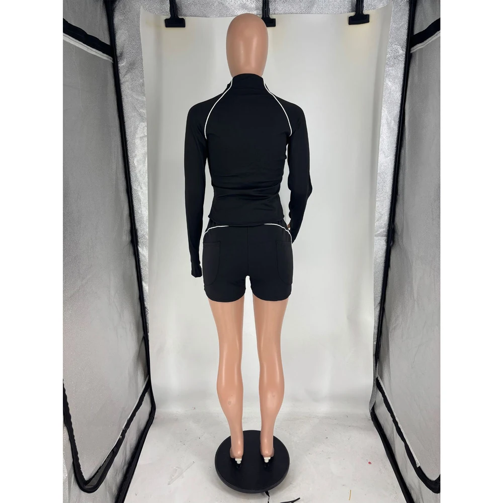 Lässige Sportbekleidung 2-teiliges Set Damen Trainingsanzug Langarm Reißverschluss-Jacke und Hochgeschnittene Radlerhose Passende Outfits Set – Detail 8