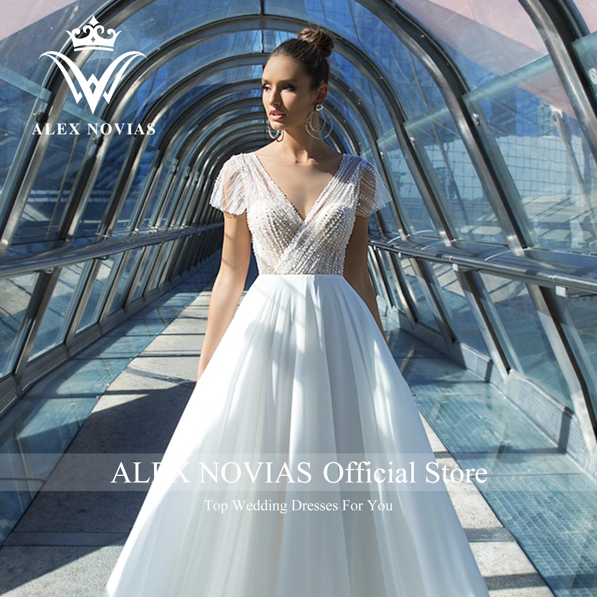 ALEX NOVIAS A-Line Wedding Dresses For Women 2024 Sparkling Short Sleeve V-neck Backless Pretty Wedding Gown Vestidos De Novia