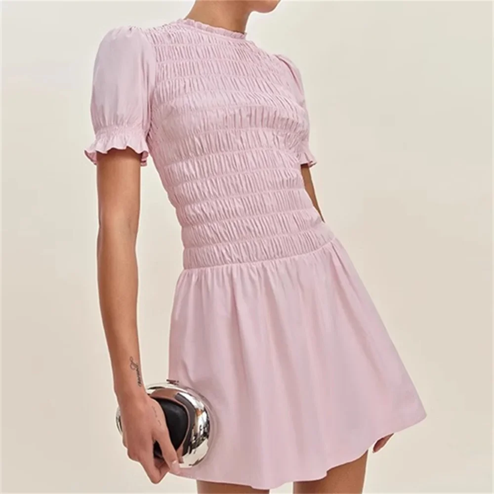 

Women's Slim Fit Fashion Pink Pleated Mini Dresses Luxury Slimming Vacation Style Ladies Short Dress