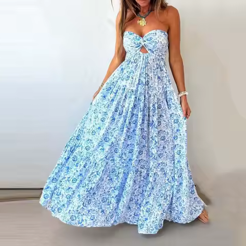 Fashion Hollow Out Sleeveless Vacation Dress Summer Strapless Pleated Slim Maxi Dress Elegant Lady Off Shoulder Evening Dress