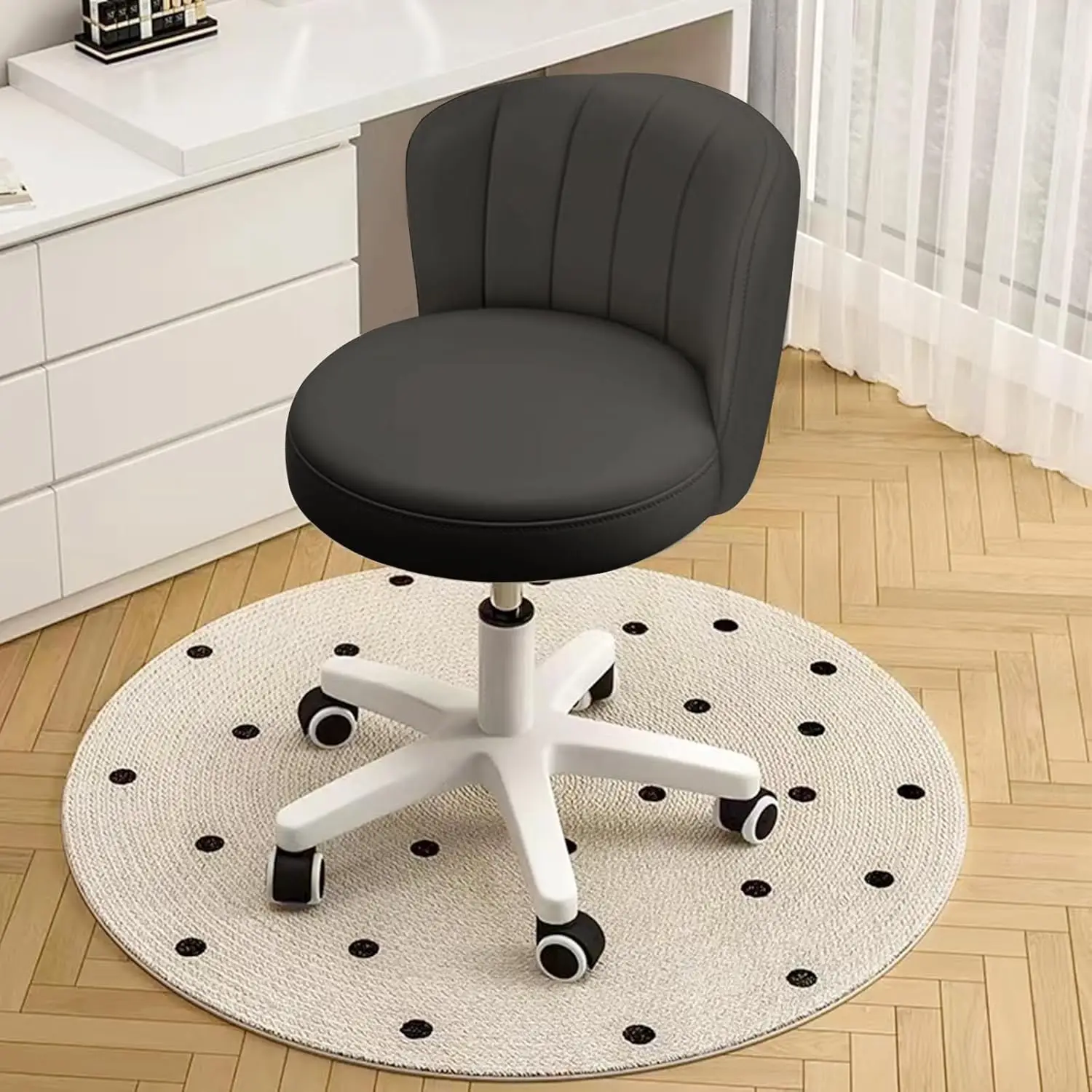PU Leather Swivel Drafting Chair com Rodas, Home Office, Round Desk Chair, Altura Ajustável, Tarefa de Trabalho