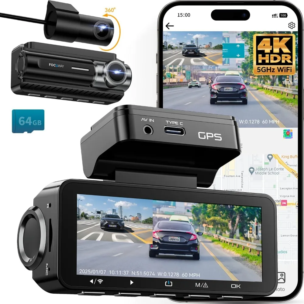 

Dash Cam Front Rear 4K Built-in 5G WiFi GPS, Voice Control, 3.39 inch IPS Screen, Dual Dash Camera for Car Includes 64GB SD Card