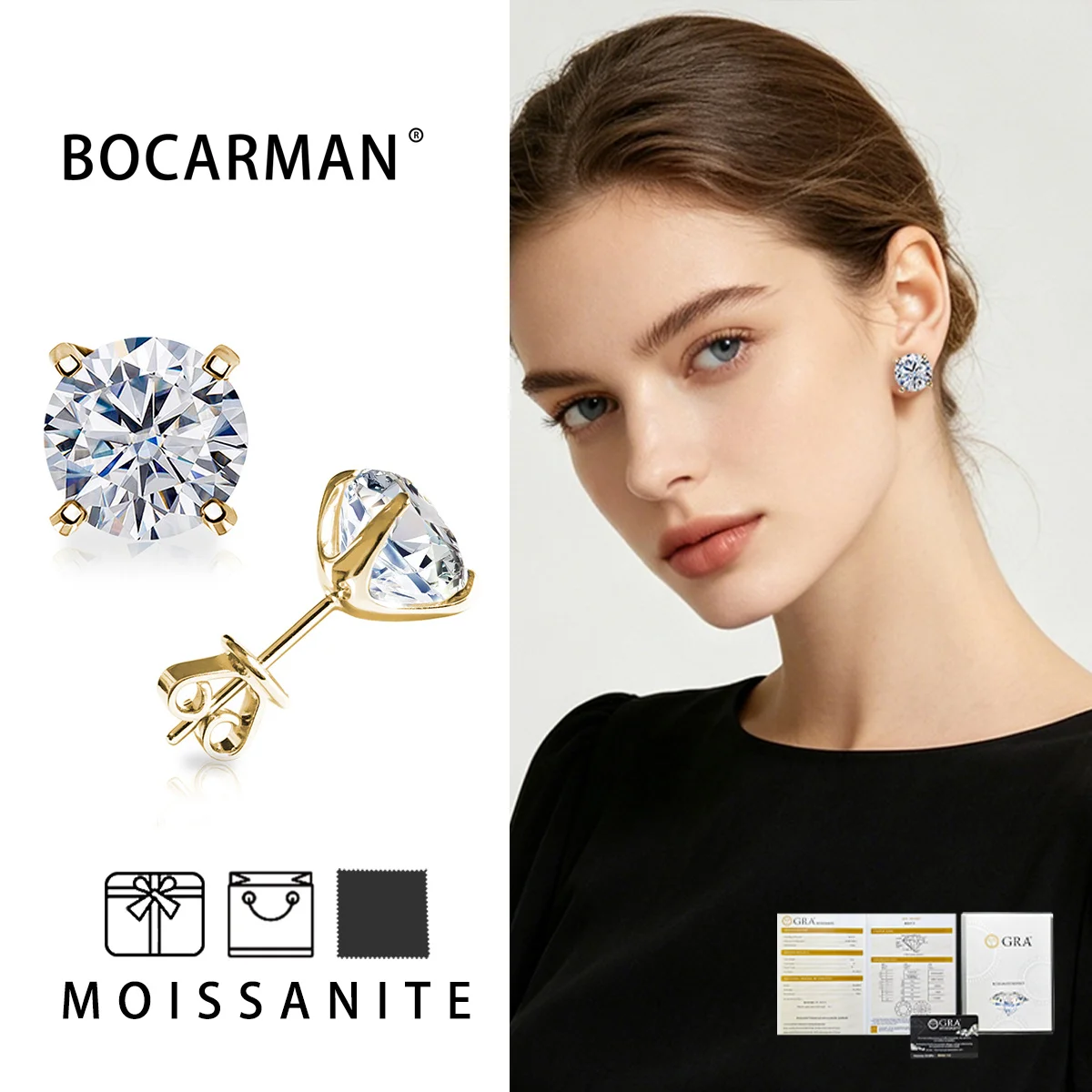 

GRA Moissanite 0.6-6.0 Carat A pair High-Quality S925 Silver Earrings Plated with 18K Gold With certificate fine jewelry women