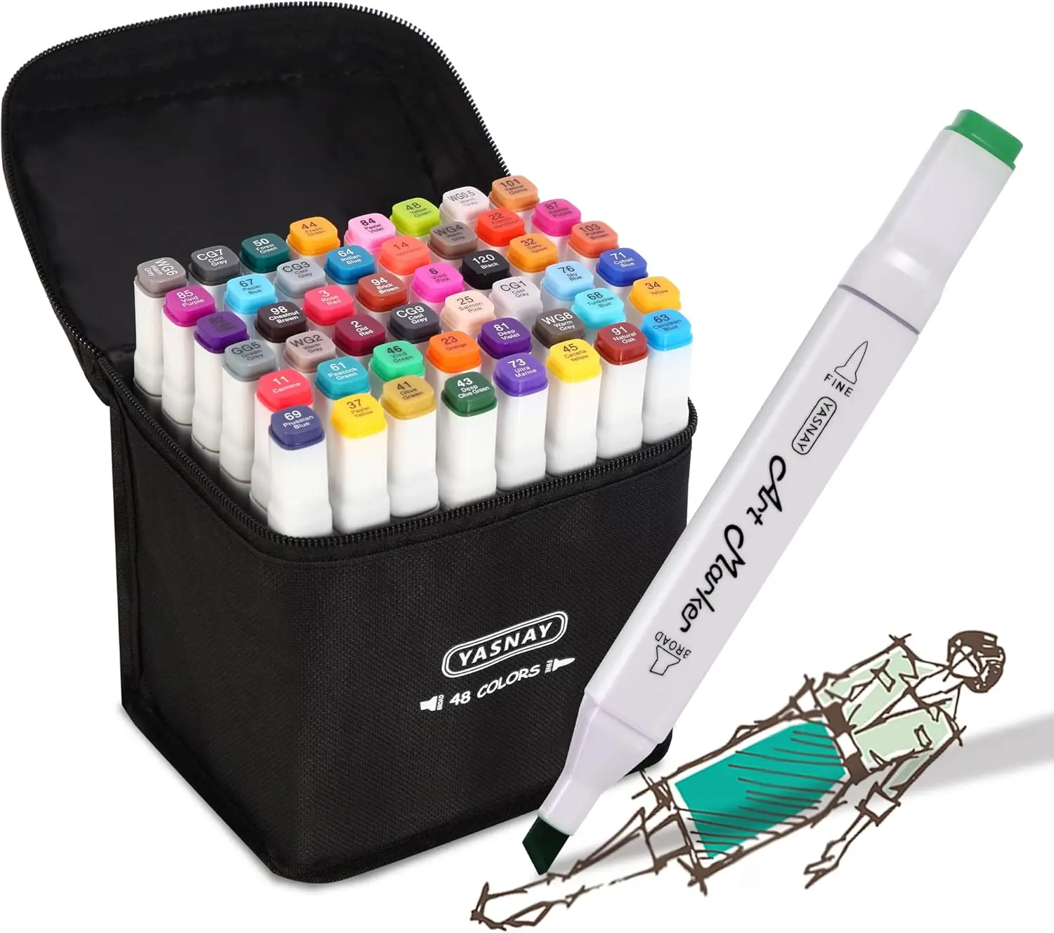 

48-Color Dual-Tip Alcohol Art Markers for Sketching, Drawing & Adult Coloring