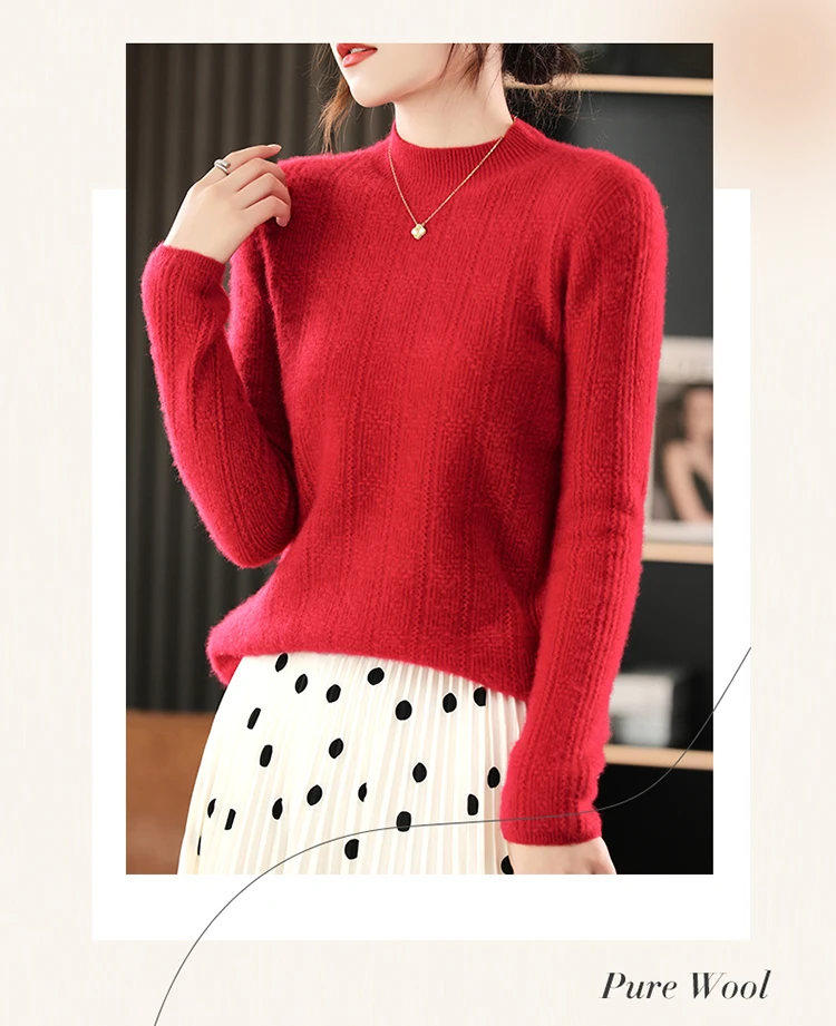 

Women's 100% Merino Wool Long Sleeve Mock Neck Sweater Loose Cashmere Casual Knitwear Jumper Basic Top for Autumn Winter