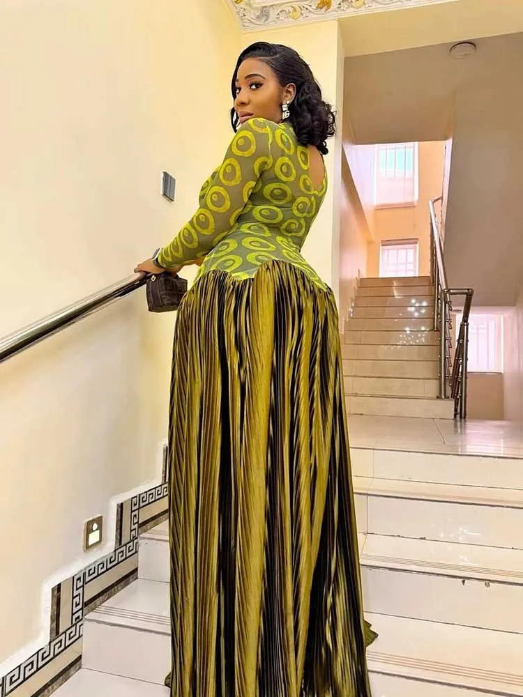 Elegant Olive Green Dresses High Waist Long Sleeve Maxi Dress for Woman Evening Party Pleated Dress Stretch Fabric for Dress - Image 5