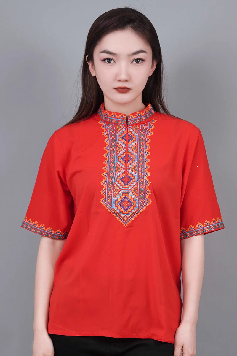 Chinese Xinjiang Uyghur Ethnic Traditional Embroidery Tops for Women Men Summer Stand Collar Tees T-Shirts Vintage Tshirt