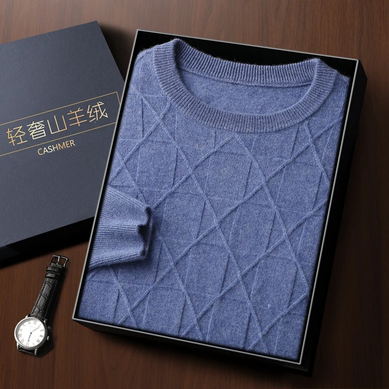 

Men's 100% pure cashmere pullover business casual solid color knitted sweater loose round neck Tops geometric basis Jumper