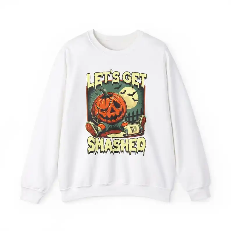 Let's Get Smashed Crewneck Sweatshirt Funny Halloween Drunk Pumpkin Design Cool Fall Seasonal Party Apparel hoodie two-sided top