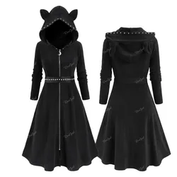 ROSEGAL Plus Size Women's Long Sleeve Hooded Dress, Black Zipper, PU Panel, Rivet Belt, Casual Cute Autumn Rabbit Ear Dresses