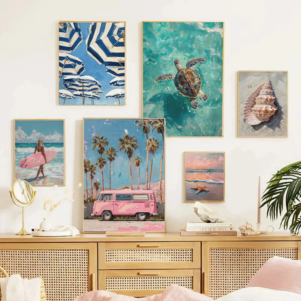Póster de playa con diseño de cactus, palmera, tortuga marina y conchas marinas, arte de pared, cuadros en lienzo, decoración para el hogar