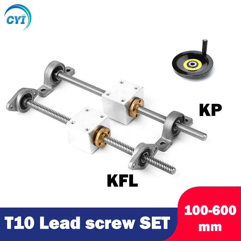 1Set 300/400/500mm 3D Printer&CNC T10 Lead Screw 10mm+Brass Copper Nut+KP000 or KFL000 Bearing Bracket+handwheel+Housing Bracket