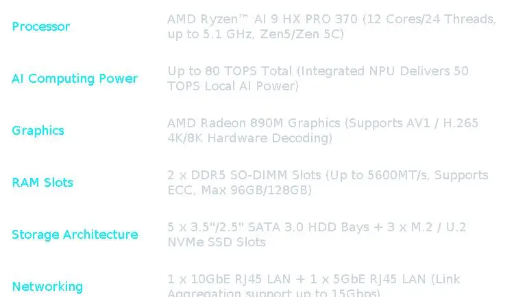 MINISFORUM N5 Pro AI NAS Server AMD Ryzen AI 9 HX PRO 370 12-Core 80 TOPS 10GbE + 5GbE Dual LAN OCuLink PCIe X16 USB4 5-Bay Storage