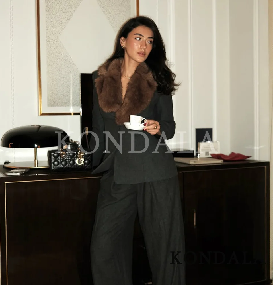 KONDALA Trendy Vintage Removable Fur Collar Blazer Women Elegant Chic Buttons Slim Thin Blazer 2026 Spring Lady Dinner Blazer