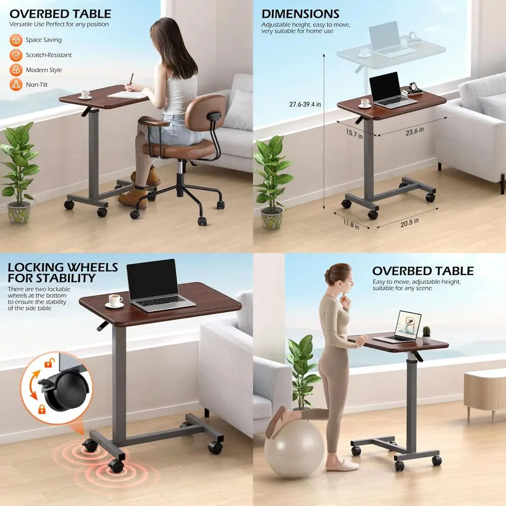 

Adjustable Overbed Table with Wheels, Bedside Rolling Table, Pneumatic Height Adjustment, Hospital Bed Table on Wheels, Standing