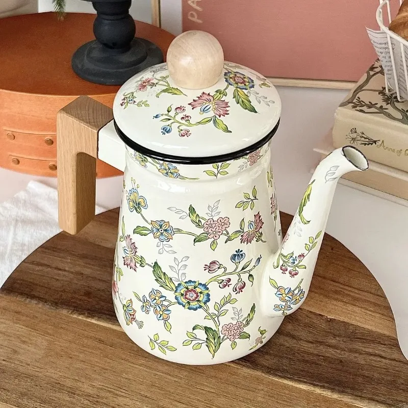 

1.2L Elegant Enamel Teapot with Wooden Handle Kitchen Kettle Household Coffee Pot Can Be Open Flame Induction Heating
