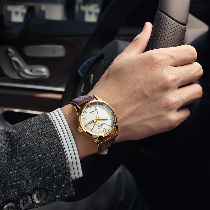 ROCOS Men's Automatic Mechanical Watch,Golden Luxury Watch For Men,Day Date Wristwatch,Brown Leather Strap,Bussiness FashionGift