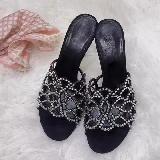 Bling Drilled Rhinestone Straps Floral Carved Out Slipper Sandals Sexy Stiletto High Heels Crystal Peep Toe Slingbacks Shoes