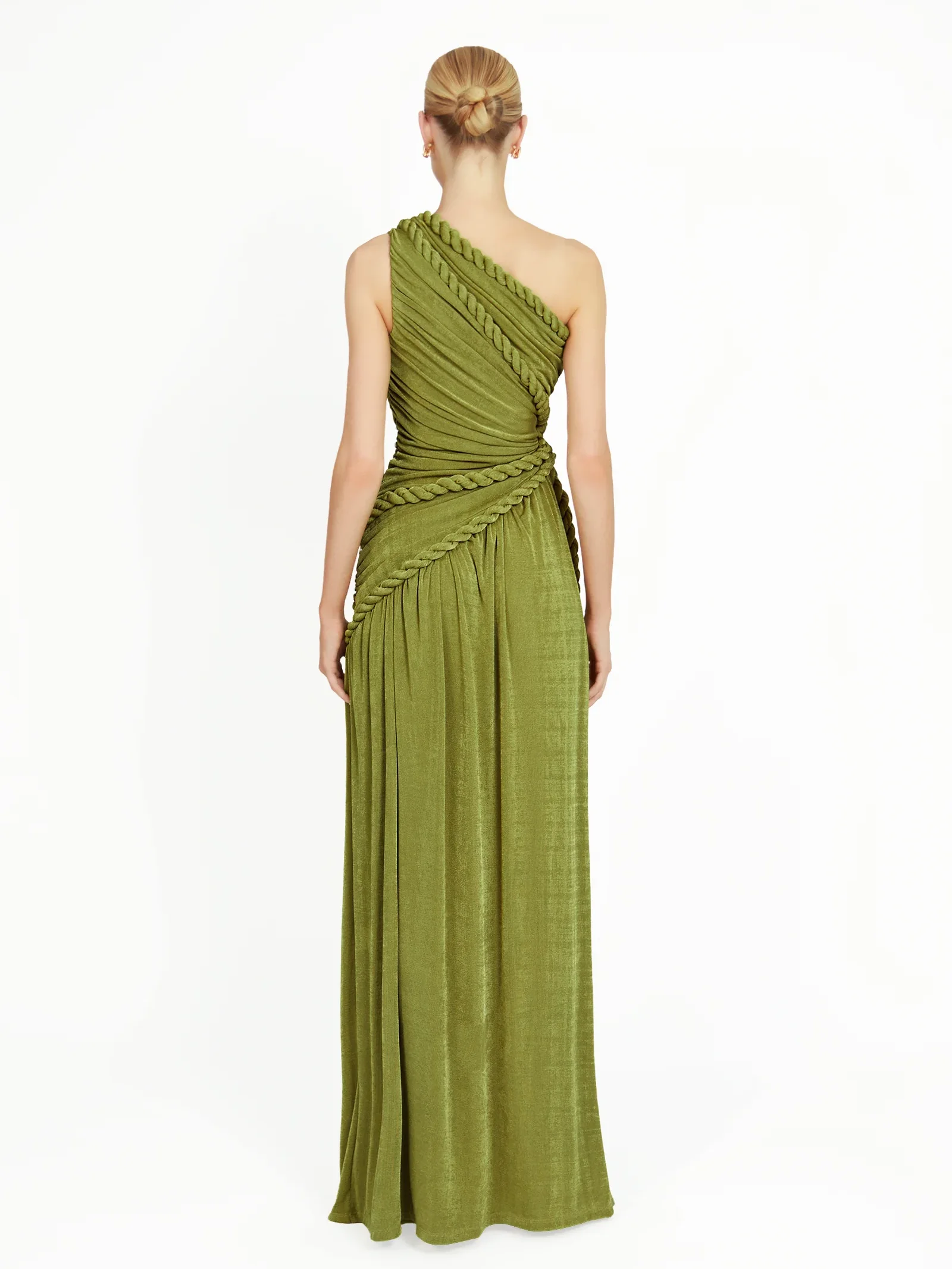 Sexy One Shoulder Twist Patchwork Long Dress Women Green Sleeveless Velvet Split Folds Bodycon Celebrity Evening Party Dresses