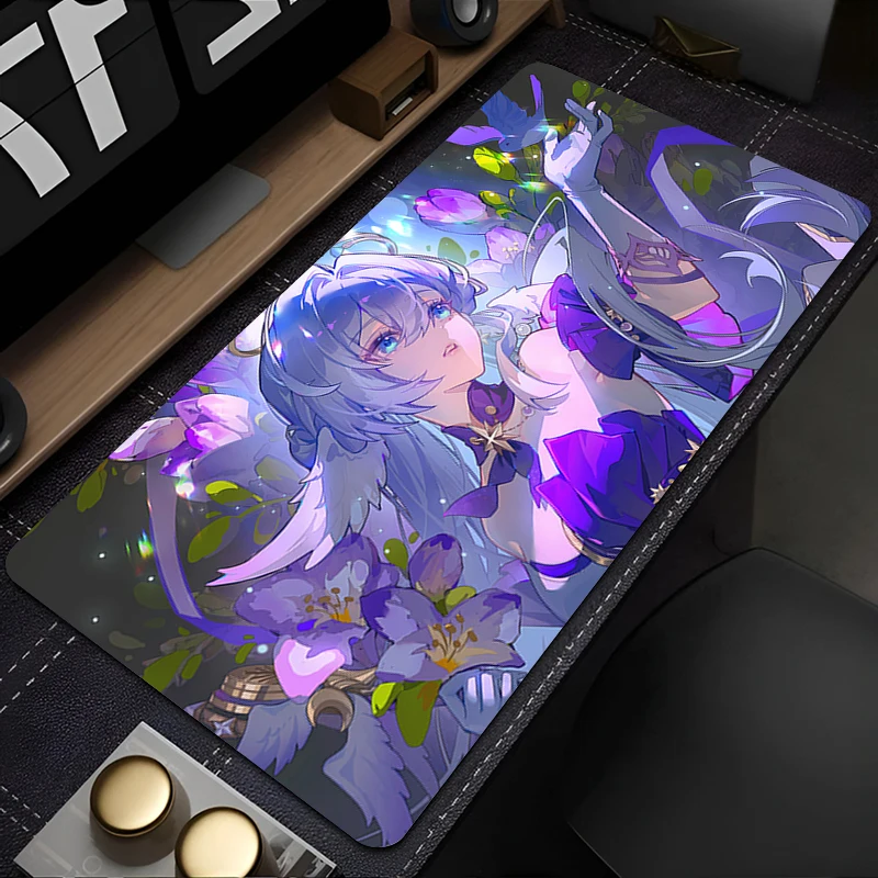 Gaming Mouse Pad,Large Desk Mat,Anti-slip Rubber Base,Stitched Edges,Floral Angelic Anime Girl Print for Gaming&Office Desk Use