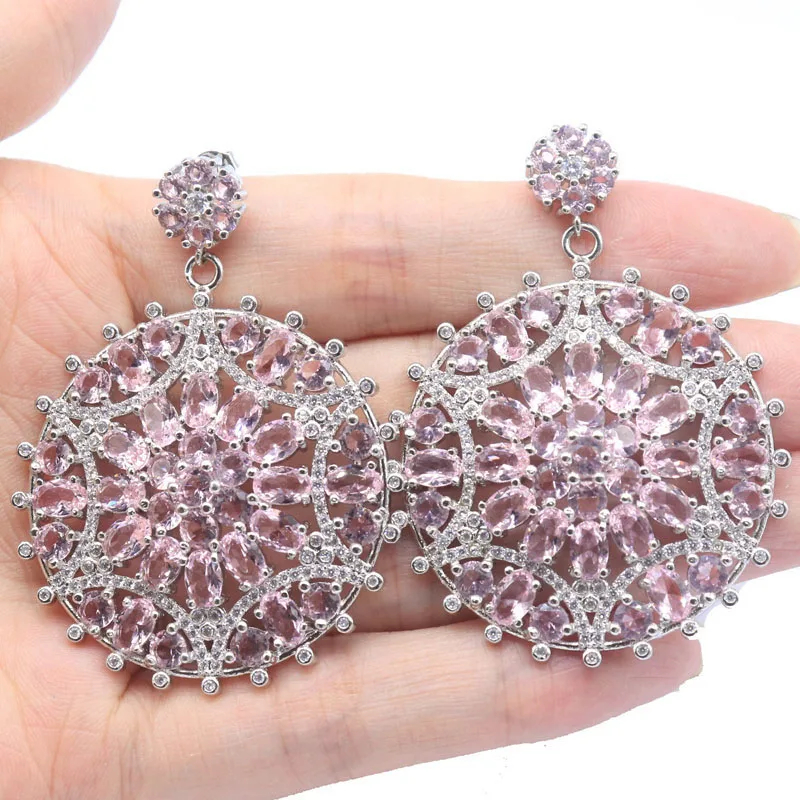 

57x42mm Jzaza Awesome Long Big Heavy 27.8g Pink Kunzite CZ Females Dating Silver Dangle Earrings