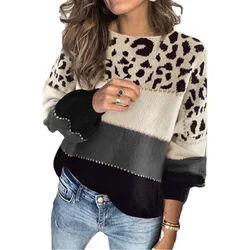 New Women's Loose Leopard Printed Knitted Sweater Autumn Winter Pullovers Sweater Top Women's Casual Long Sleeve O-Neck Sweater