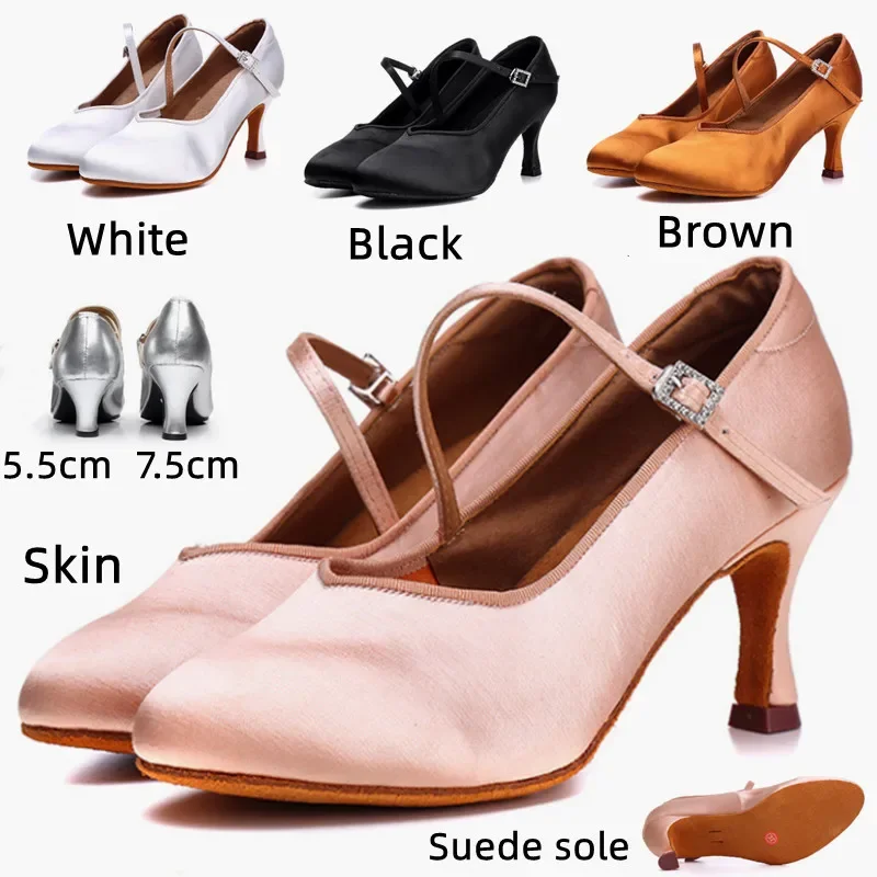 Hot Sale Dance Women Standard Latin Dance Training Shoes Satin Heel 5.5/7.5CM Ladies Ballroom Dance Shoes Soft Sole Modern Dance