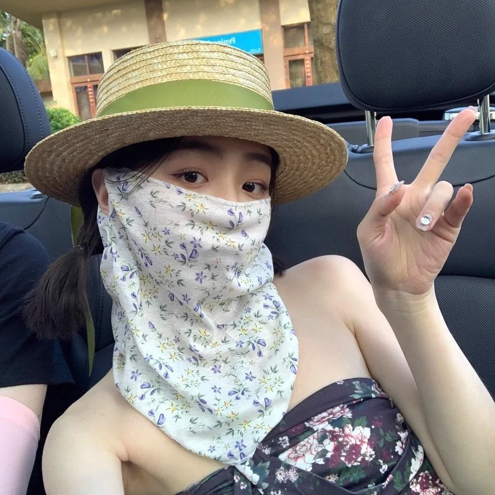 

1Pc New Breathable Face Sunscreen Mask Thin Ear Hook Style Full Face Mask Small Floral Print Neck Cover Summer