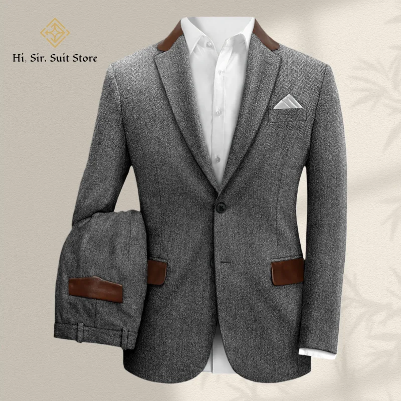 

Grey Men's Two-Piece Suit Set Herringbone Pattern Brown Blaze Best Man Attire Wedding Formal Wear Slim-Fit Men's Suit New Style
