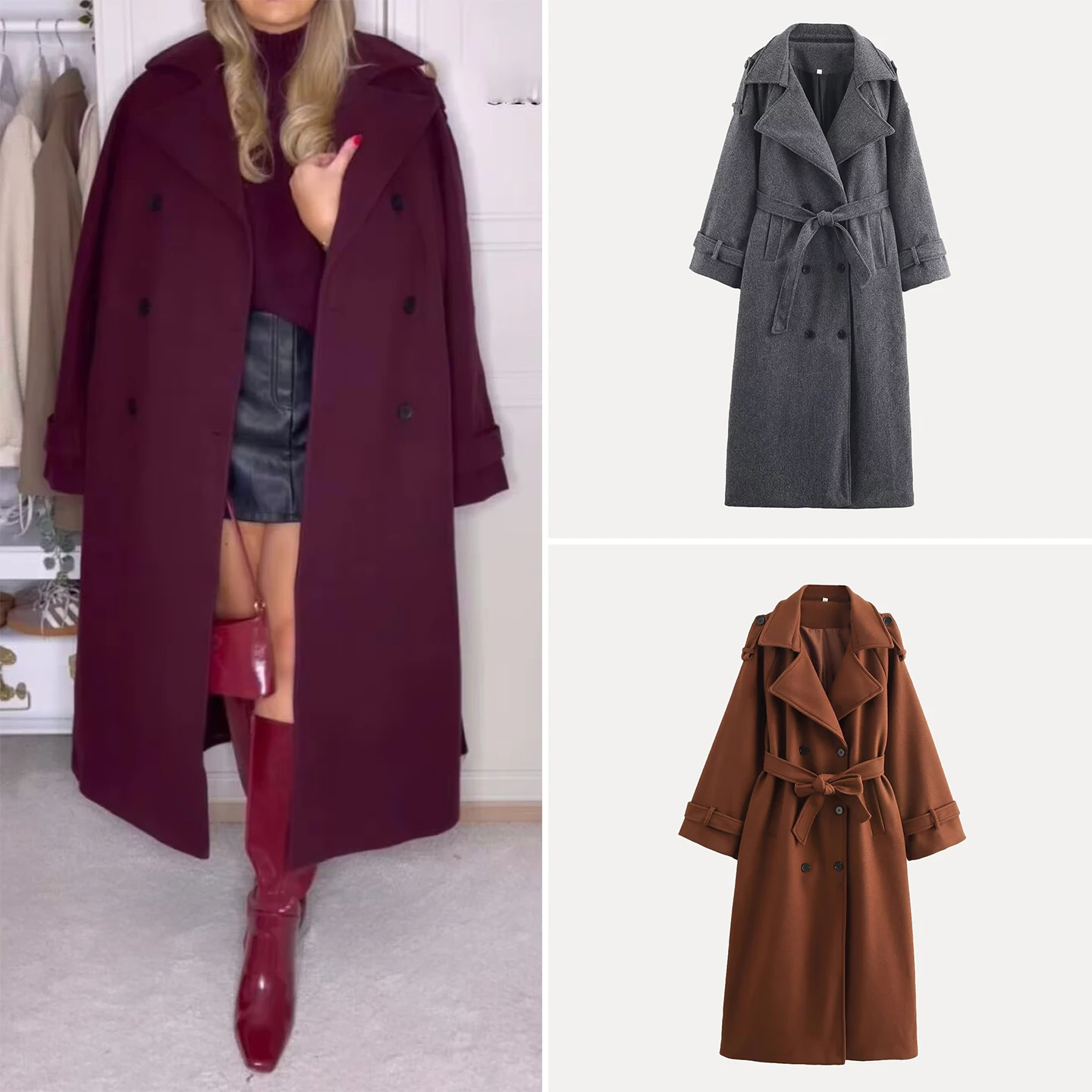 

2025 Autumn New Sle Women's Faionable Pure Color Double Buttoned Belted Long Woolen Coat Ele Versatile Ladies' Coat