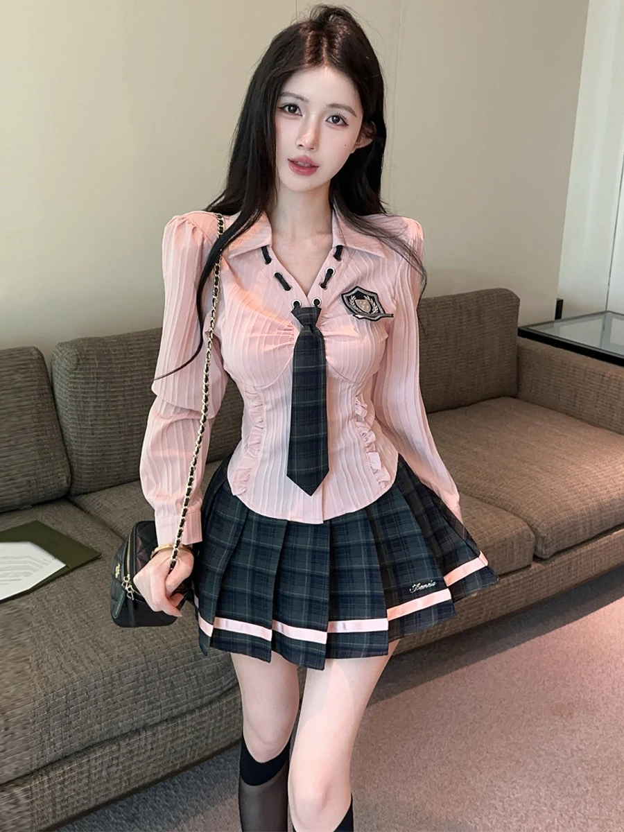 Korean College Style JK Uniform Long Sleeve Plaid Shirt High Waist Pleated Skirt Two Piece Set Slim Fit Fashionable Outfit