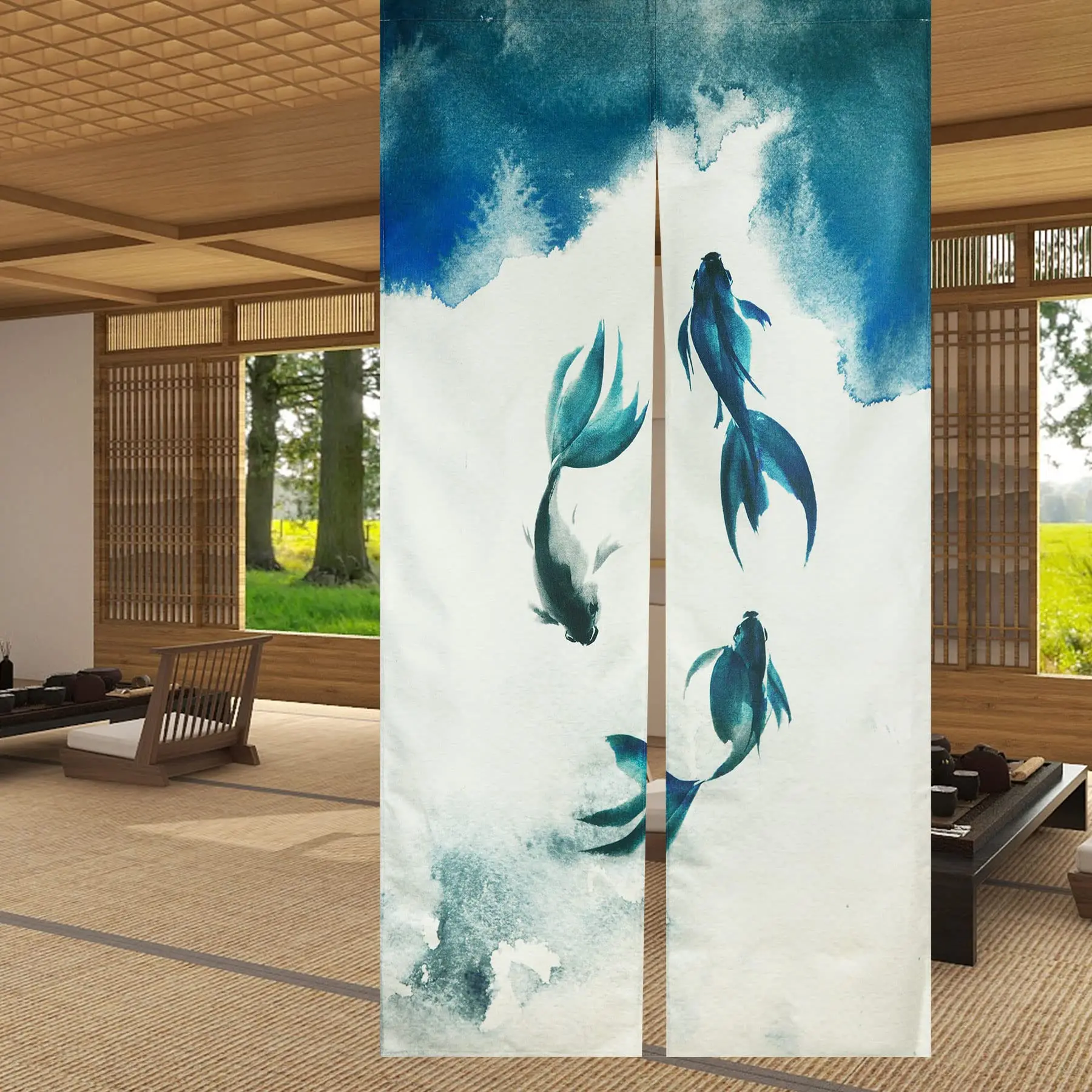 Chinese Ink Koi Fish Print Japanese Noren Doorway Split Curtains Kitchen Entrance Hanging Curtain Door Decoration Linen Curtains
