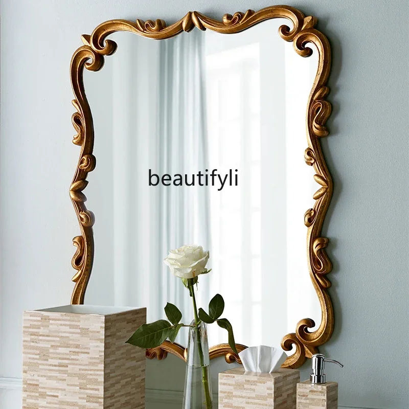 Retro bedroom carved vanity mirror simple bathroom, neoclassical square entrance, dining room wall decorative mirror