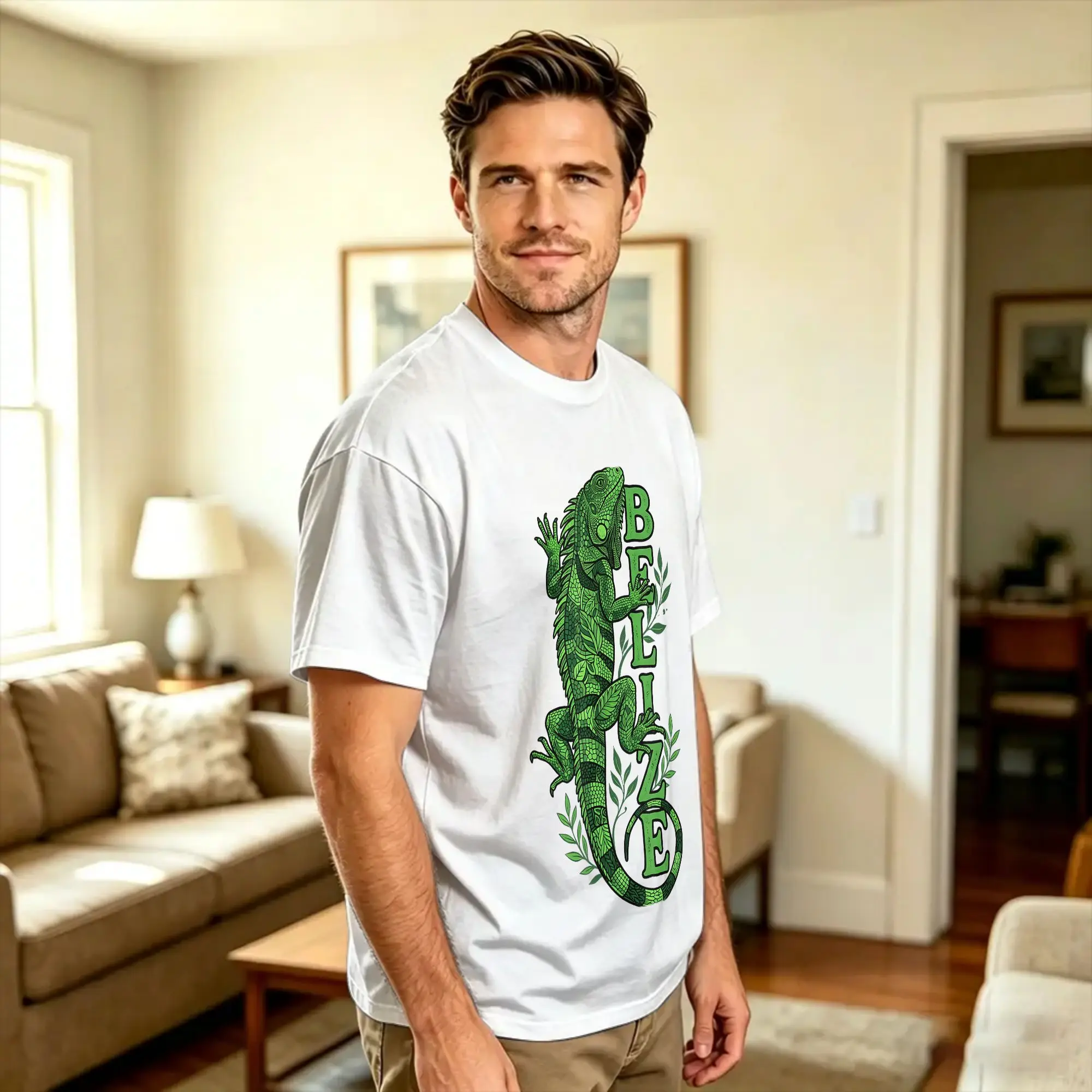 Casual T-Shirt Summer Belize Green Iguana Graphic with Intricate Botanical Pattern Novelty TShirts Cotton Tee Shirt Short Sleeve